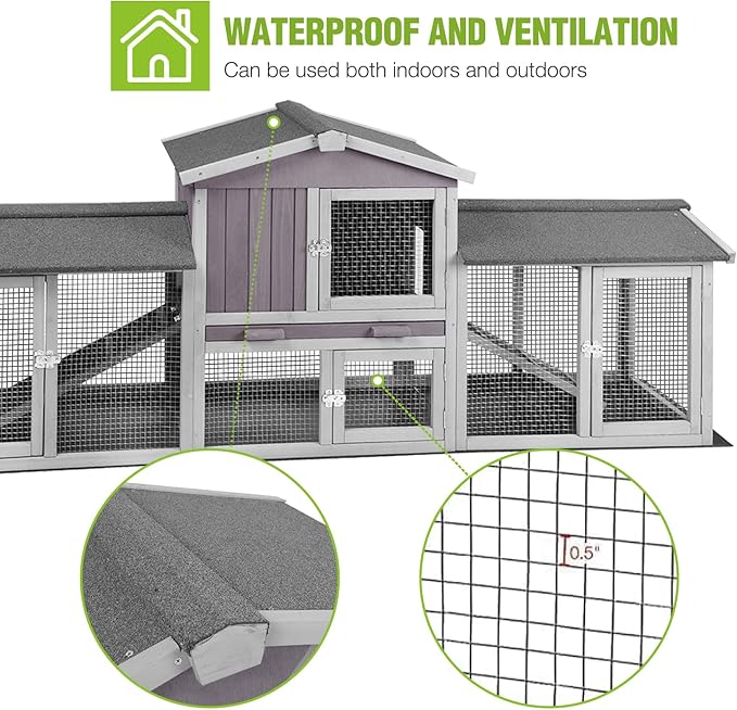 GUTINNEEN Rabbit Hutch Outdoor Large Chicken Coop with Cleaning Tray and Waterproof Roof Wooden Bunny Hutch PVC Floor Bottom for Small and Medium Bunny Rabbit Chick 87.8" L