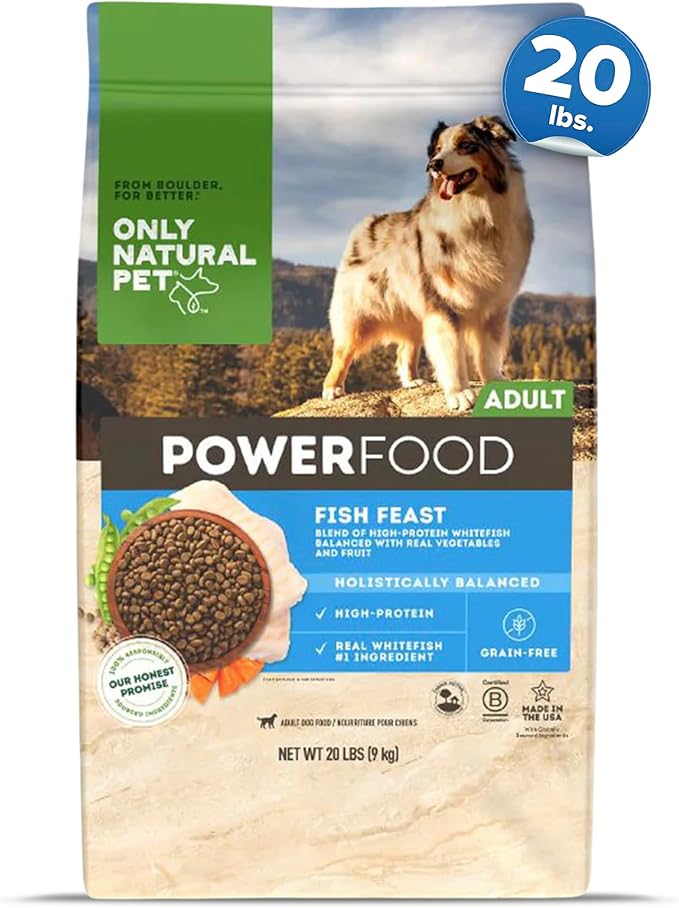 Only Natural Pet PowerFood Fish Feast Grain-Free Dry Dog Food w/Wild-Caught Whitefish, Pumpkin & Superfoods - High Protein, Low Carb Recipe for Small to Large Breeds, Adult to Senior - 20 lb Bag