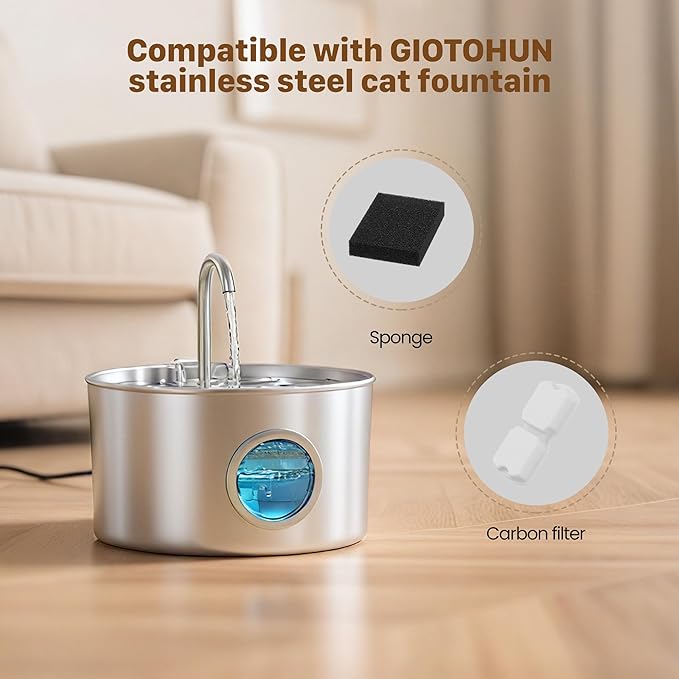 GIOTOHUN Cat Water Fountain Filter Replacement: 12 Cat Fountain Filter - 12 Pet Fountain Filter - 6 Carbon Filters & 6 Foam Filters - Suitable for GIOTOHUN Stainless Steel Cat Fountain S11