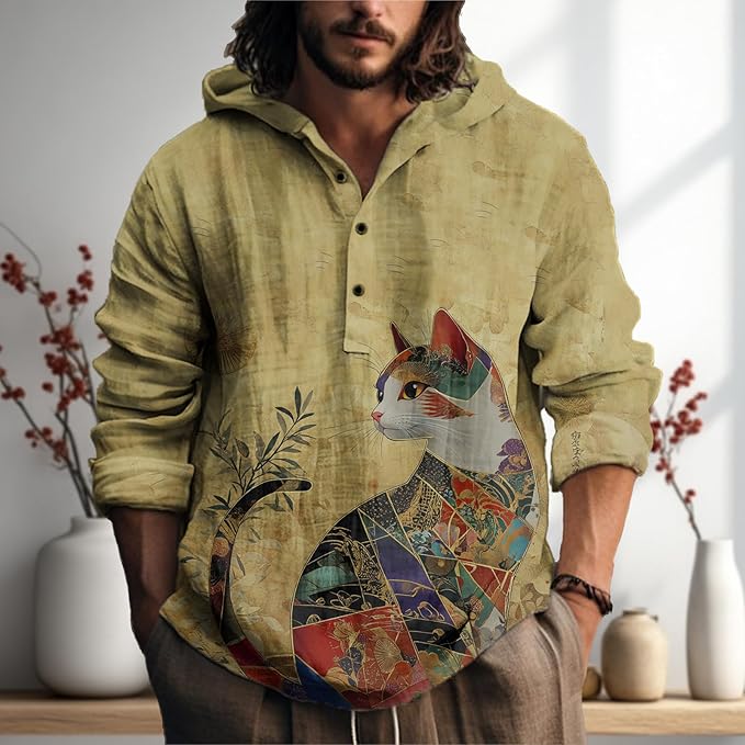 MARSVOVO Japanese Art Animal Hooded Shirt for Men Long Sleeve Quarter Button Lightweight Hoodie Cool Streetwear Tops