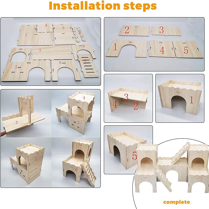 Wooden Dwarf Hamster House, Hamster Tiny House Hideout, Maze House, Large Balcony Lookout Holes, Easy to Assemble, Detachable Parts, Secure Hideaway, F