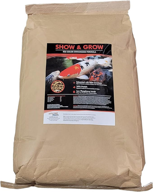 HALF OFF PONDS Show & Grow Koi Fish Food - 20 lb Floating Pellets, 5mm Size - Goldfish Food for Ponds - 35% Protein with Beta Carotene & Vitamins - Enhances Color Vibrancy & Body Definition