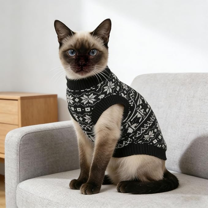 Cat Jumpers for Cats Only-Soft Warm Knitted Cat Sweater,Fair Isle Cats Jumper,XS Kitten Jumper,Kitten Winter Clothes & Pet Sweater for Kittens(Black & White Jacquard,Fair Isle Pattern).(M)