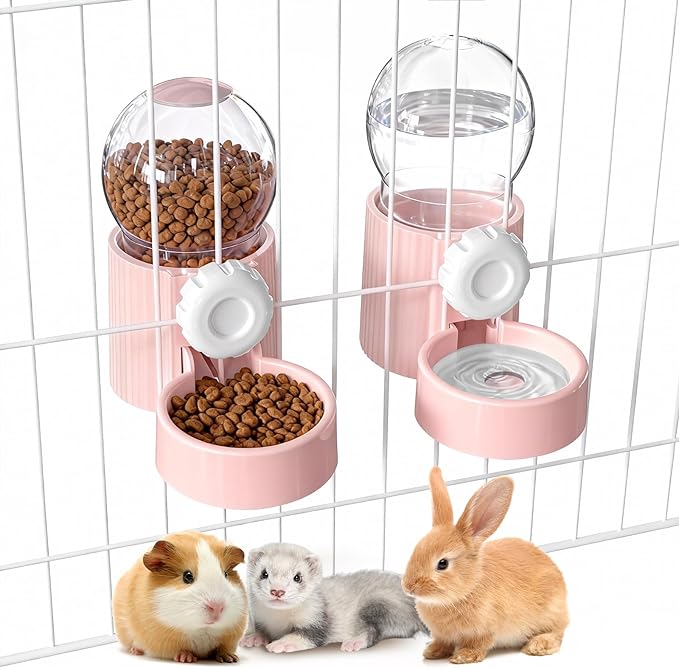 38oz Hanging Automatic Food Water Dispenser, Large Capacity Gravity Rabbit Water Dispenser and Feeder Set, for Bunny Guinea Pig Chinchilla Ferret Cage Accessories (Pink)