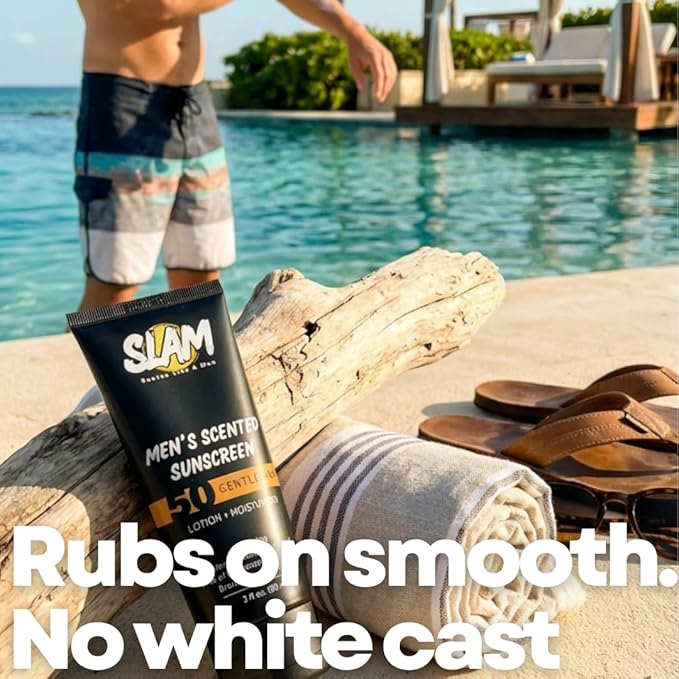 SLAM Men's Sunscreen Lotion SPF 50 & Moisturizer – Face & Body Sunblock, Anti-Aging, Water-Resistant, Hawaii Act 104 Safe, Skincare for Men, Unscented – 3 fl oz.each. Double pack.