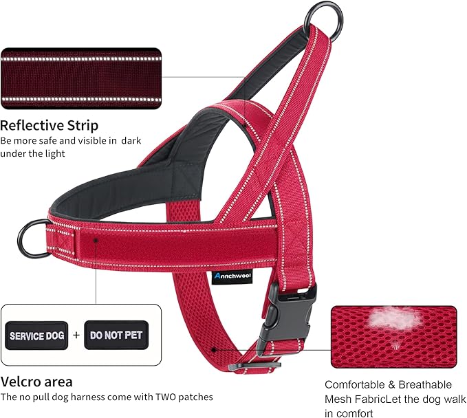 Annchwool No Pull Dog Harness,Heavy Duty Reflective Collar & Leash Set-Leash with Double Handle & Car Seatbelt Clip-Easy Control for Walking Training Medium Large Size Dogs(Red,XL)