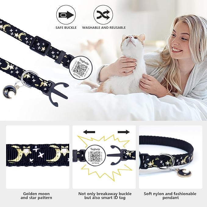 The Ultimate QR Code Pet ID Collar 4-Pack | Breakaway Adjustable Cat Collars with Secure Online Profile | Never Lose Your Cat with Cute Moon & Stars Design (Star & Moons - 4 Pack)