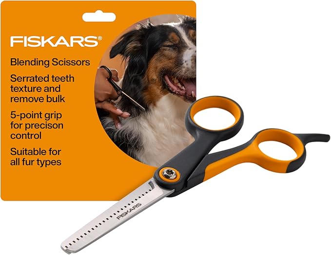 Fiskars Pet Scissors, Dog and Cat Grooming Scissors, Serrated Teeth for Thinning & SoftGrip Handle, Cat and Dog Supplies, 6.5”, Orange/Black, Blending Scissors