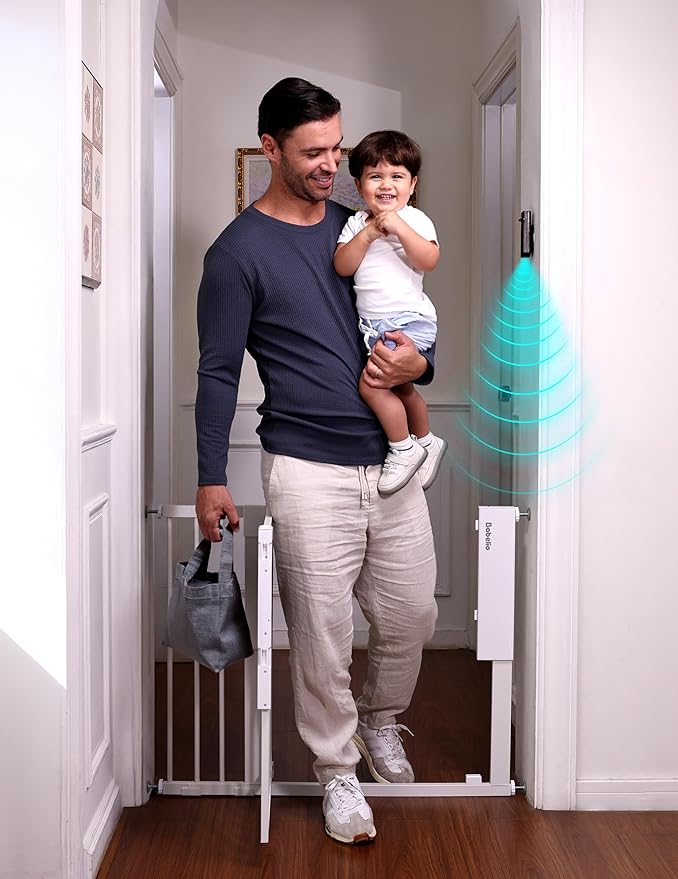 Babelio Smart Infrared Auto-Unlock Baby Gate for Doorways & Stairs, Auto Close Dog/Pet Gates for House, Pressure Mounted | Easy Install | No Drilling | Walk Thru Door (White, 26.3-37.8" W, 30" H)