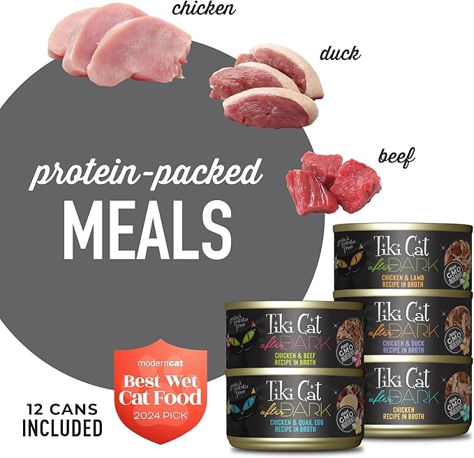 Tiki Cat After Dark, Variety Pack, High-Protein and 100% Non-GMO Ingredients, Wet Cat Food for Adult Cats, 2.8 oz. Cans (Pack of 12)