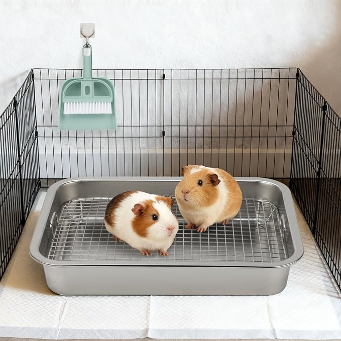 FHTONGE Stainless Steel Guinea Pig Litter Box for Cage, Stainless Steel Litter Pan for Rabbit Rat Hedgehog Hamster Ferret, Rectangular Chinchilla Metal Tray Small Animal Toilet Trainer with Grid