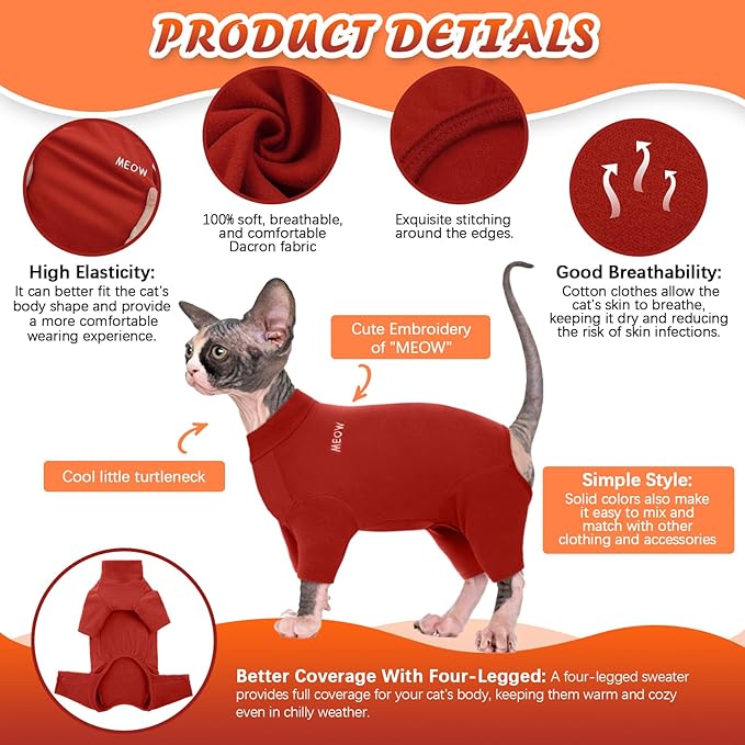 ROZKITCH Cat Clothes - Breathable Soft Jumpers for Cats, Warm Sweater T-Shirt Pajamas Jumpsuit Vest - Cornish Rex Devon Rex Peterbald Red L