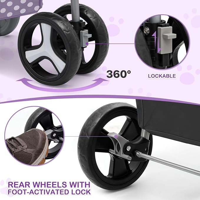 MoNiBloom 3 in 1 Foldable Pet Stroller for Small & Medium Dogs, Detachable Carrier, Car Seat, Push Button Entry, 4-Wheel Jogger for Pets up to 33 lbs, Purple Polka Dots