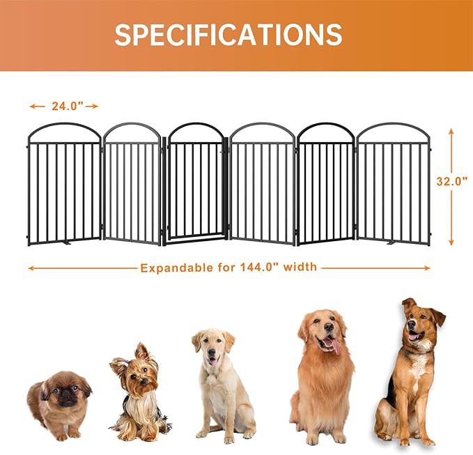 6 Panels Full Matel Freestanding Dog Gates with Door, 144"Extra Wide 32"Tall Free Standing Dog Pet Gate for Indoor & Outdoor. Foldable Pet Fences for Doorways, House, Stairs, Porch, Deck, Yard