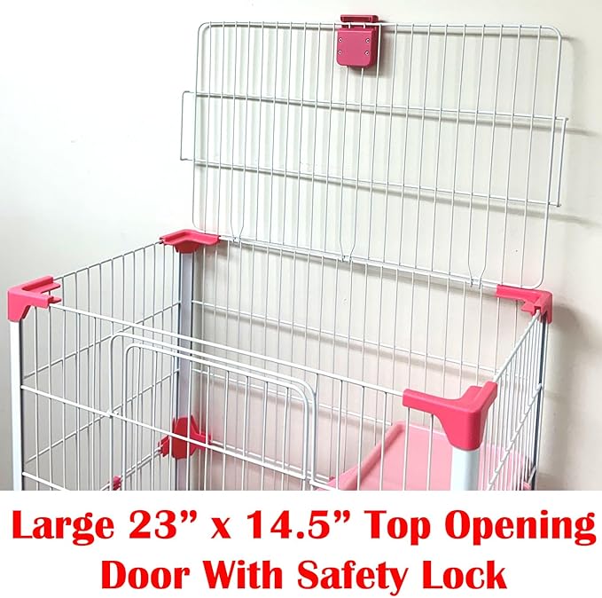 X-Large Pink Deluxe Muli-Level Indoor Rabbit Hutch Cage for Ferret Squirrel Chinchilla Solid Platform Ramp Paw Safe Mesh Floor Pull Out Leakproof Easy Clean 2-Inch Deep Tray Lockable Casters