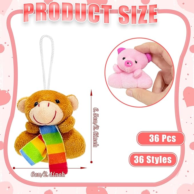 36 Pcs Mini Plush Animals Toys,Cute Stuffed Animals Plush Set for Kids,Goodie Bag Fillers,Basket Stuffers,School Prizes,Valentine's Day Party Supplies