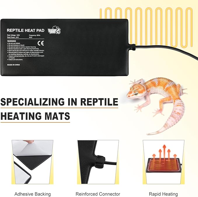 LUCKY HERP Reptile Heat Pad 8x18 Inch 24W Under Tank Terrarium Heating Mat, Reptile Heat Mat, Reptile Heating Pad for Turtle, Lizard, Hermit Crab, Frog, Snake