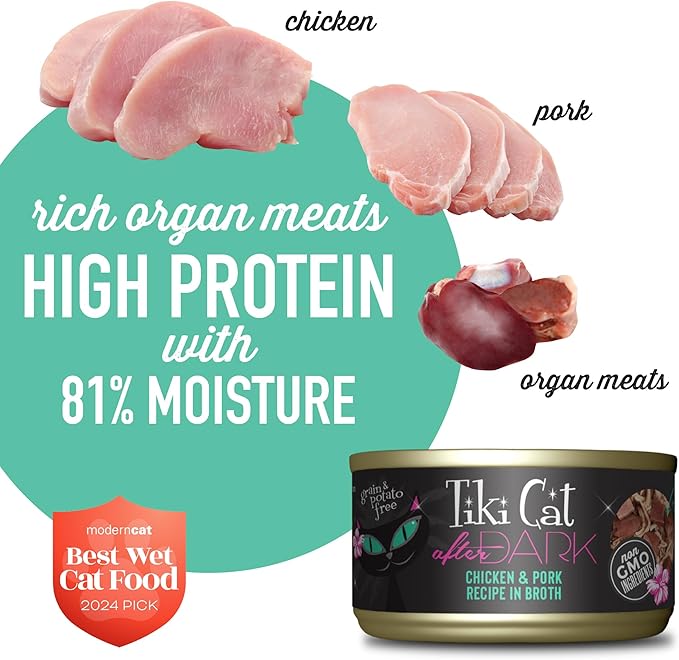 Tiki Cat After Dark, Chicken & Pork, High-Protein and 100% Non-GMO Ingredients, Wet Cat Food for Adult Cats, 2.8 oz. Can (12 Count)
