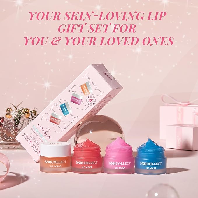ANRCOLLECT Lip Mask Set, 1 Lip Scrub +3 Overnight Lip Mask, Lip Glowy Balm and Scrub for Women, Exfoliating and Hydrating Dry, Chapped, Crack Lips, 4 Pack Lip Skincare Gift Set, Valentines Day Gifts