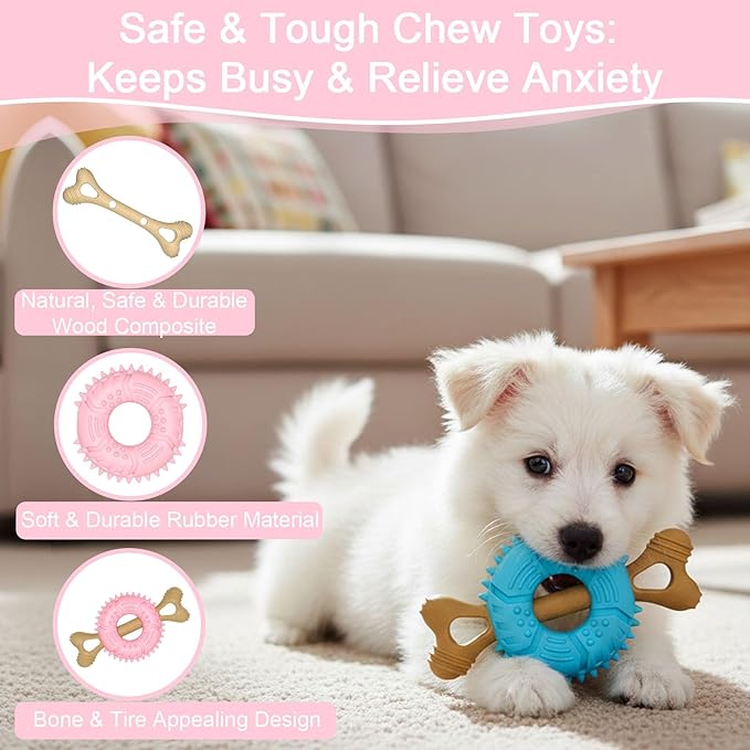 Puppy Chew Toys for Teething, Indestructible Dog Chew Toys for Aggressive Chewers - Small & Medium Breeds, Tough Puppy Toys to Keep Them Busy and Relieve Anxiety, Bone & Tire Shape Rubber Dog Toy