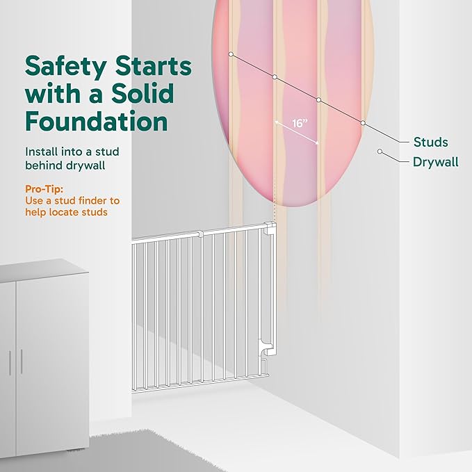 Cumbor 29.2–43" Baby Gate for Stairs, Wall-Mounted (Drill Required), Expandable No Bottom Bar Dog Gate, Auto Close Extra Wide Walk Thru, Pet & Toddler Proof Gate, Top & Bottom of Stairways (White)