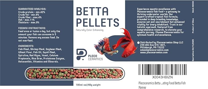 Plecoceramics Betta Fish Pellets Extreme Color, Complete Nutrition Plus Color Boost, Enhancing Floating Food Betta Fish (1.4 oz)