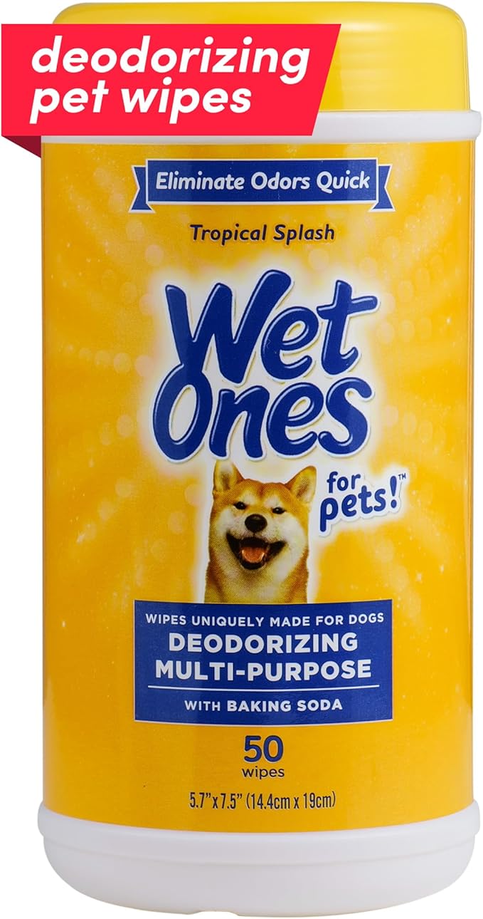Wet Ones for Pets Deodorizing Multipurpose Dog Wipes with Baking Soda, Tropical Splash Scent - Desmellizing Wipes for Dogs in Canister, 50 Count