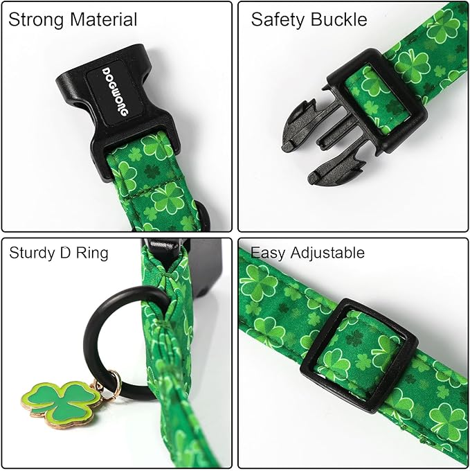 DOGWONG St. Patrick's Day Dog Collar, Cute Green Clover Dog Collars, Adjustable St. Patrick's Day Pet Collars Design Dog Collar with Quick Release Buckle for Boy Female Dogs