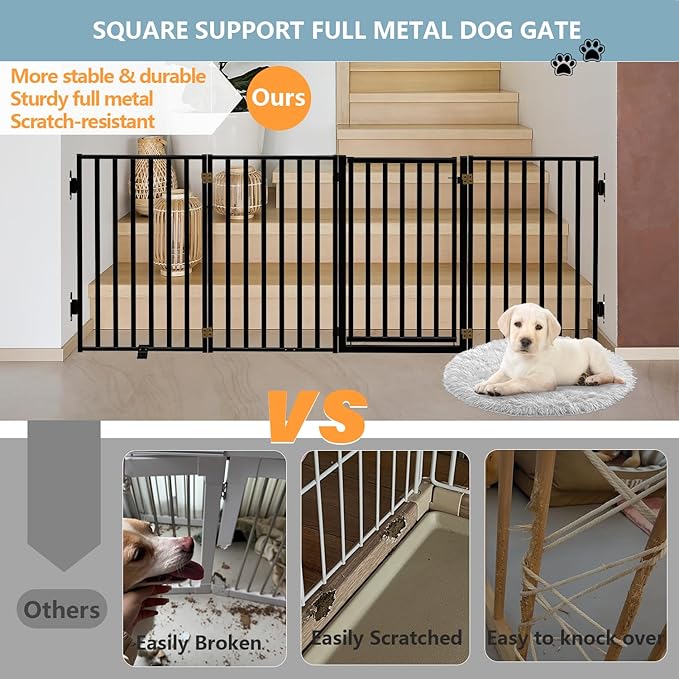 Full Metal Freestanding Dog Gates with Door, 32" Height Dog Fences for Indoor & Outdoor, Extra Wide Foldable Pet Gates for Stairs, Hallways, Doorways, Yard (4 Panels, 80" W × 32" H)