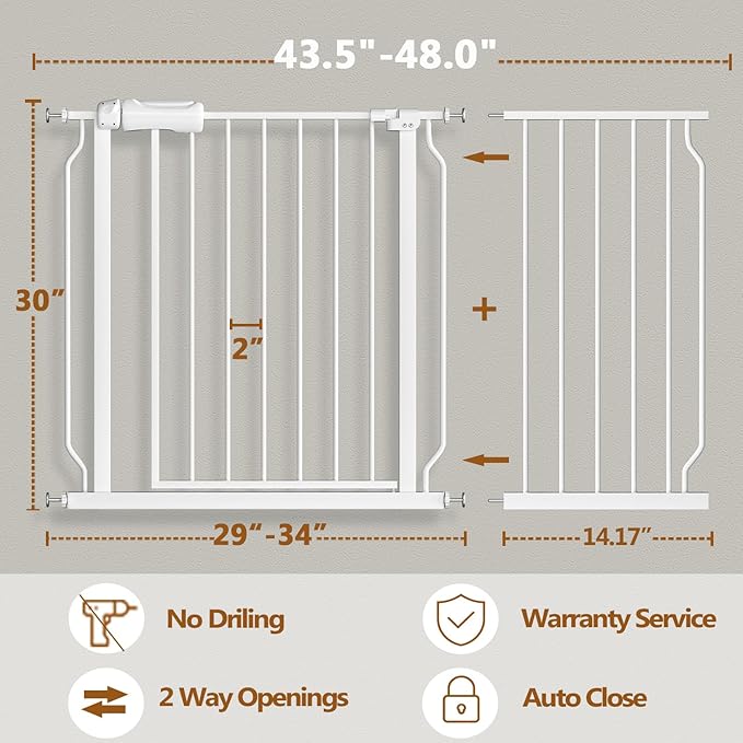 Fairy Baby 43.5-48 Inch Wide Easy Step Safety Gates for Doorways, Extra Wide Pet Gate for Dogs Puppy, Pressure Mounted No Drill Auto Close Baby Gates, Adjustable Metal, White