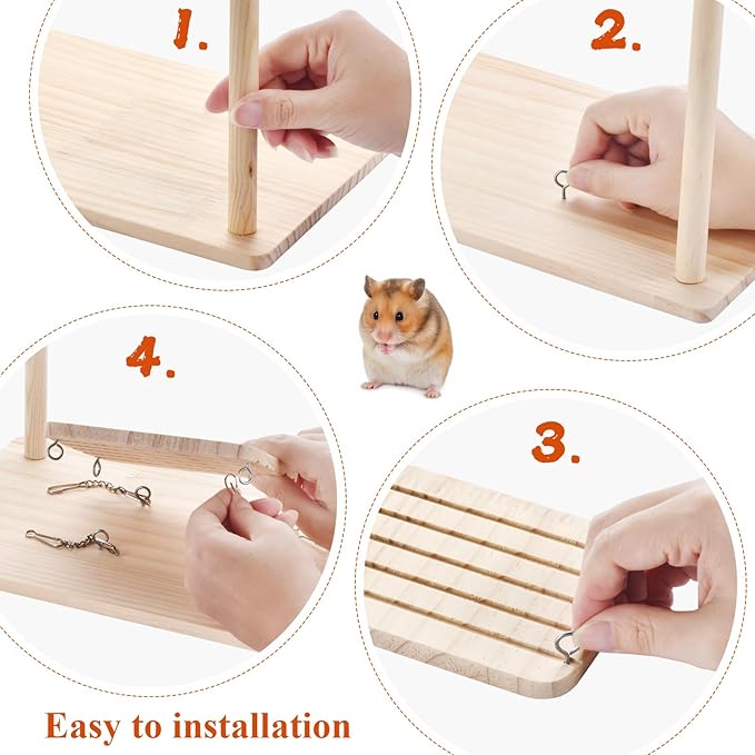 Large Natural Wooden Hamster Activity Platform with Hanging Swing, Multi-Layer Play Platform, Suitable for Climbing Toys for Small Animals Such as Dwarf Hamsters and Syrian Hamsters to Play with