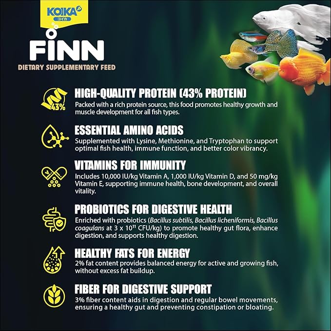 KOIKA FINN Probiotic Fish Food Pellets for Ornamental Fish, 43% Protein with Bacillus Probiotics, Supports Digestion and Immune Health for Daily Feeding (250g, Koi Carp - 3.0mm Pellets)