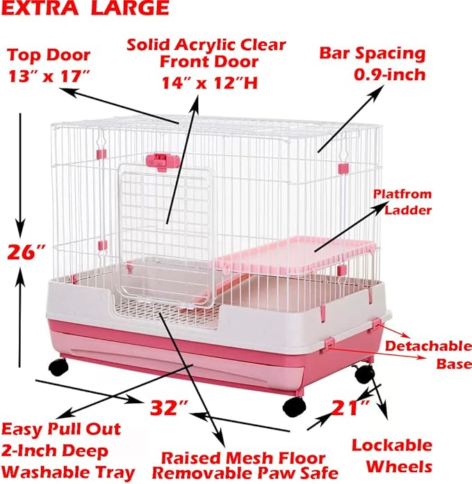 Pink X-Large Deluxe in/Outdoor Guinea Pig Chinchilla Ferret Squirrel Hedgehog Kitten Rabbit Bunny Hutch House Critter Home Habitat Paw Safe Bottom Mesh Floor Pull Out Easy Clean 2-Inch Deep Tray