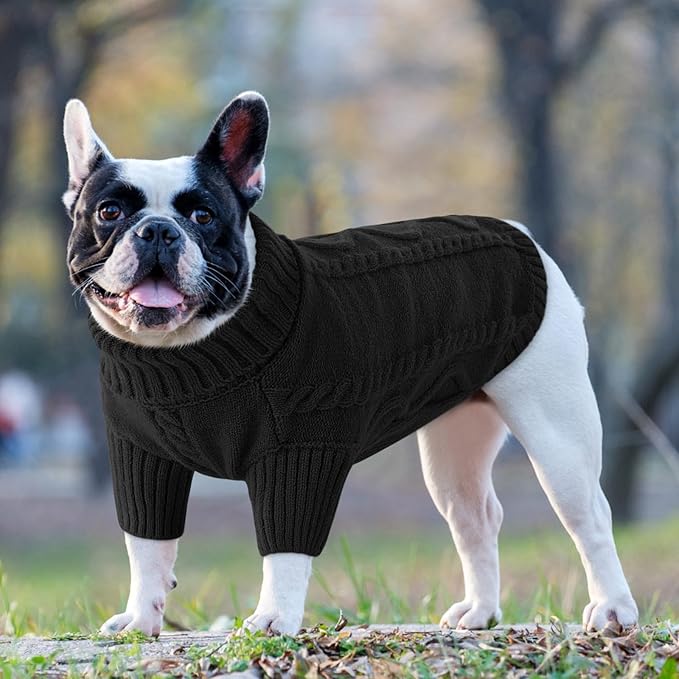 Queenmore Small Dog Pullover Sweater, Cold Weather Cable Knitwear, Classic Turtleneck Thick Warm Clothes for Chihuahua, Bulldog, Dachshund, Pug (Black, Small)