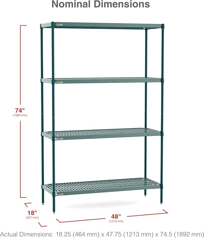 METRO Super Erecta Pro Shelving Unit with Metroseal Green Epoxy, Microban and Removable Plastic Shelf Mats - Wire Shelving for Restaurants, and More - 18" W x 48" L x 74.5" H - NSF Certified