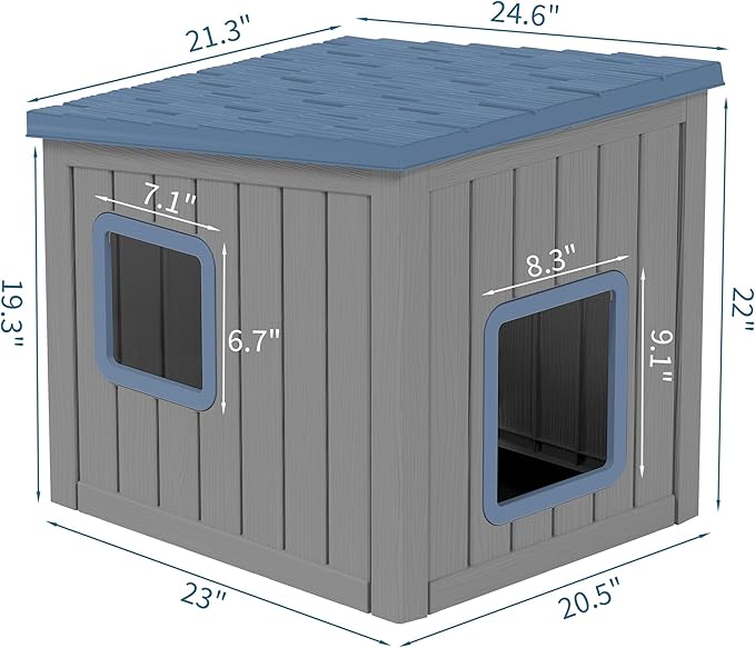 NUNU LAB Outdoor Cat House – Weatherproof & UV Resistant PP Material Shelter with Sloped Asphalt Roof, Durable Cat Condo for Garden, Patio, and Backyard (Blue, Large)