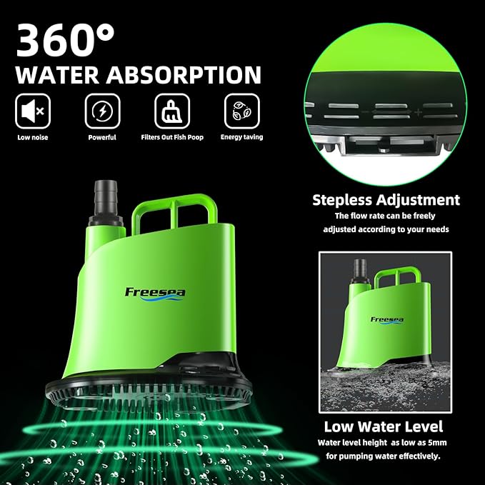 FREESEA Submersible Water Pump For Fountain: 400 GPH 25W Adjustable Small Sump Pump