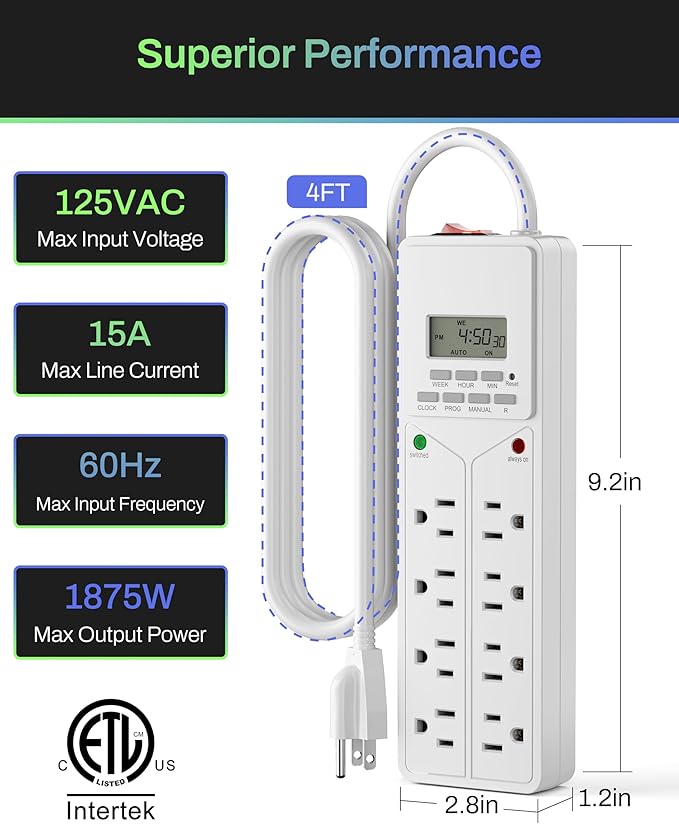BN-LINK 8 Outlet Surge Protector with 7-Day Digital Timer (4 Outlets Timed, 4 Outlets Always On) - White