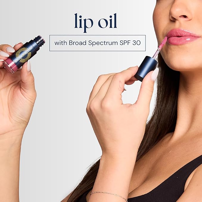 Brush On Block Sun Shine Protective Lip Oil 3 Color Variety Pack, Broad Protection Hydrating SPF 30 Mineral Sunscreen, Cruelty-Free, Gluten-Free, & Vegan | Nude Tint, Fig, & Peony