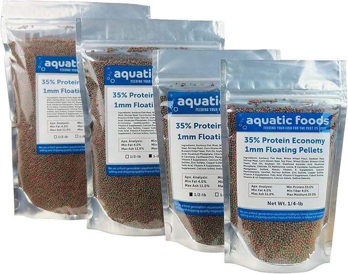 Aquatic Foods Inc. 1mm - 1/32, 35% Protein Economy Floating Pellets for All Community Fish, Tetras, Guppies, Angel Fish, Cichlids, Goldfish. All Tropical Fish - WL…1-lb Foil Pouch Bag