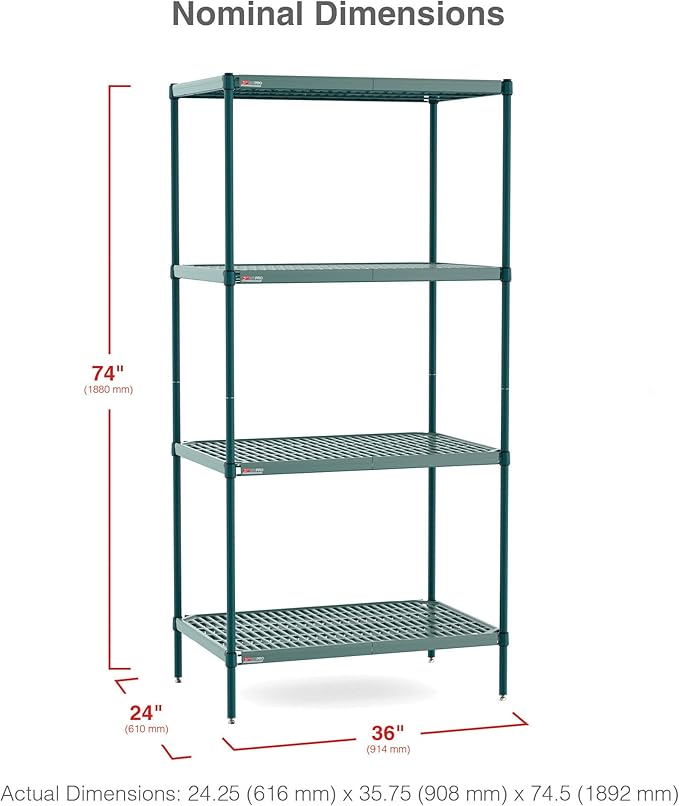 METRO Super Erecta Pro Shelving Unit with Metroseal Green Epoxy, Microban and Removable Plastic Shelf Mats - Wire Shelving for Restaurants, and More - 24" W x 36" L x 74.5" H - NSF Certified