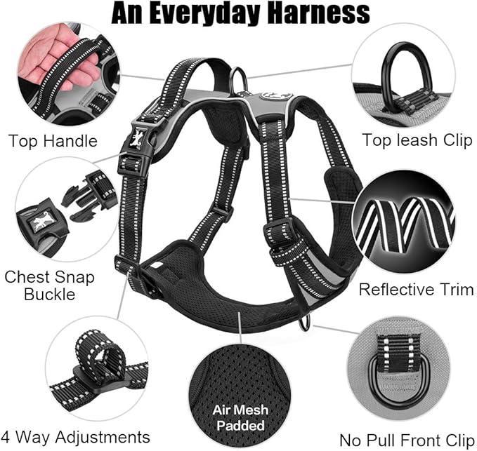 PoyPet No Pull Dog Harness, Reflective Comfortable Vest Harness with Front & Back 2 Leash Attachments and Easy Control Handle Adjustable Soft Padded Pet Vest for Small to Large Dogs (Gray,L)