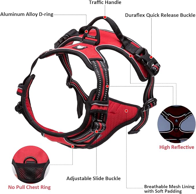 TRUE LOVE Adjustable No-Pull Dog Harness Reflective Pup Vest Harnesses Comfortable Control Brilliant Colors Truelove TLH5651(Red,S)