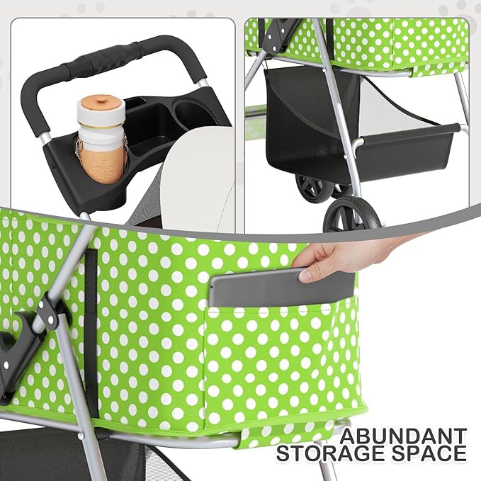 MoNiBloom 3 in 1 Foldable Pet Stroller for Small & Medium Dogs, Detachable Carrier, Car Seat, Push Button Entry, 4-Wheel Jogger for Pets up to 33 lbs, Lawn Green Polka Dots