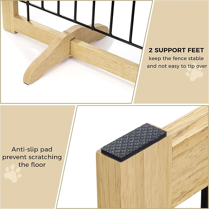 Wire Dog Gate Solid Wood Frame, Anti-Chewing Pet Gate Indoor Freestanding Indoor Foldable Dog Fences for Stairs, House, Doorway Extra Wide, 3-Panel, 60" Wide Oak Color