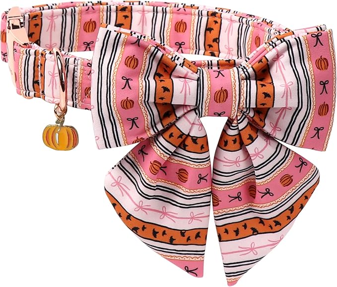 DOGWONG Cotton Fall Dog Collar, Pink Halloween Dog Collar with Bow Cute Pink Pumpkin Dog Collars Puppy Necklace for Female Small Medium Large Dogs