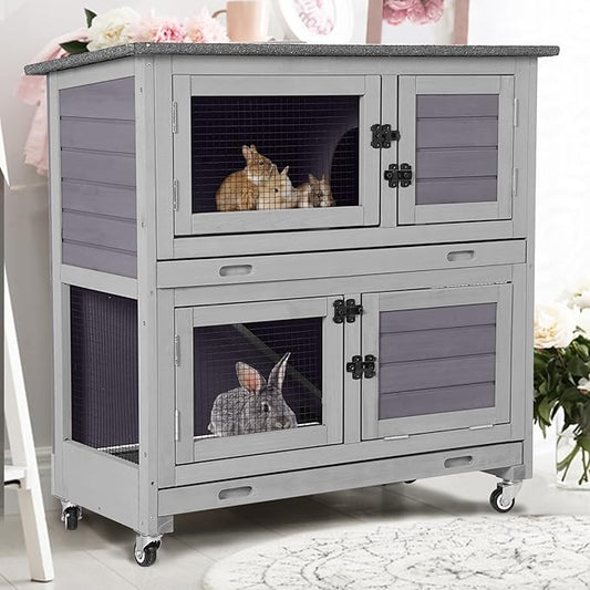 Rabbit Hutch with Trap Door Indoor Rabbit Cage with 4 Casters Bunny cage 2 Story & 2 Trays Guinea Pig Cage 36 inchs Bunny Cage