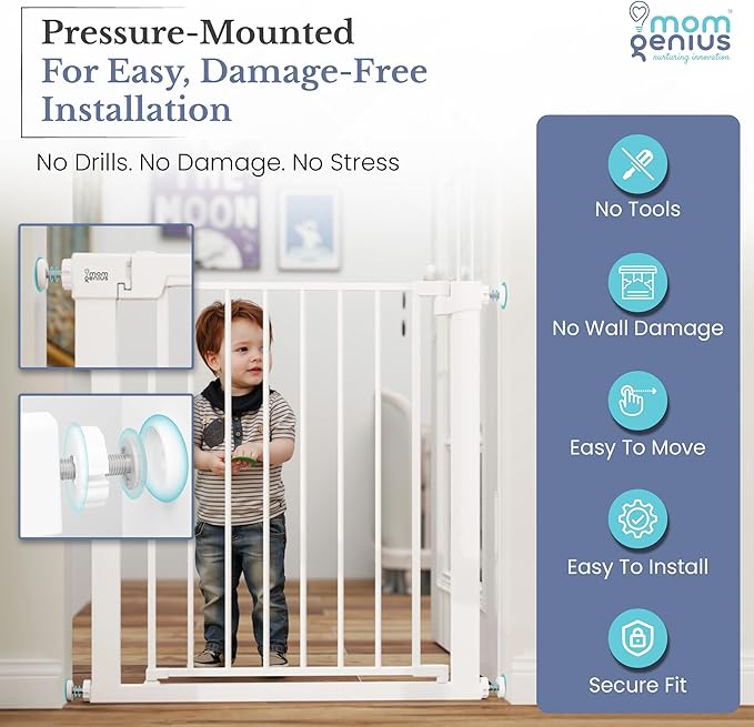 Pressure Mounted Baby Gate for Stairs, Extra Wide 29-40.5 Inch Adjustable, Auto-Close, Double Lock, 29.9" Tall Metal Dog Gates for Doorways, Kitchen & Hallways, CPC & CE Certified, White