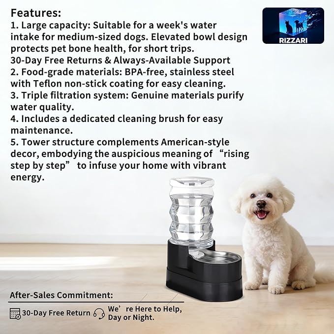 RIZZARI Automatic Cat Water Dispenser: Black 7L Elevated - Stainless Steel Gravity Feeder with Specialized Brush and Triple Filtration - Splash Guard Mat - Use in Bedroom and Livingroom