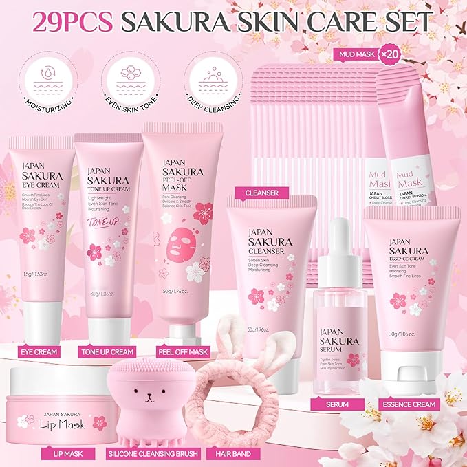 29Pcs Valentine's Day Sakura Skincare Set, Skincare for Girls 10-12, Complete Skincare Routine for Clean, Soft and Hydrated Skin, Ideal Gift for Teen Girls